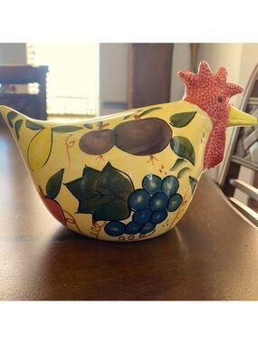 CBK LTD hand painted ceramic rooster/hen multiple colored fruit & leaves 1999